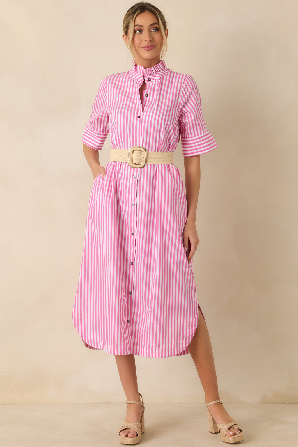 In Perfect Order Pink Stripe Button Front Ruffle Collar Midi Shirt Dress