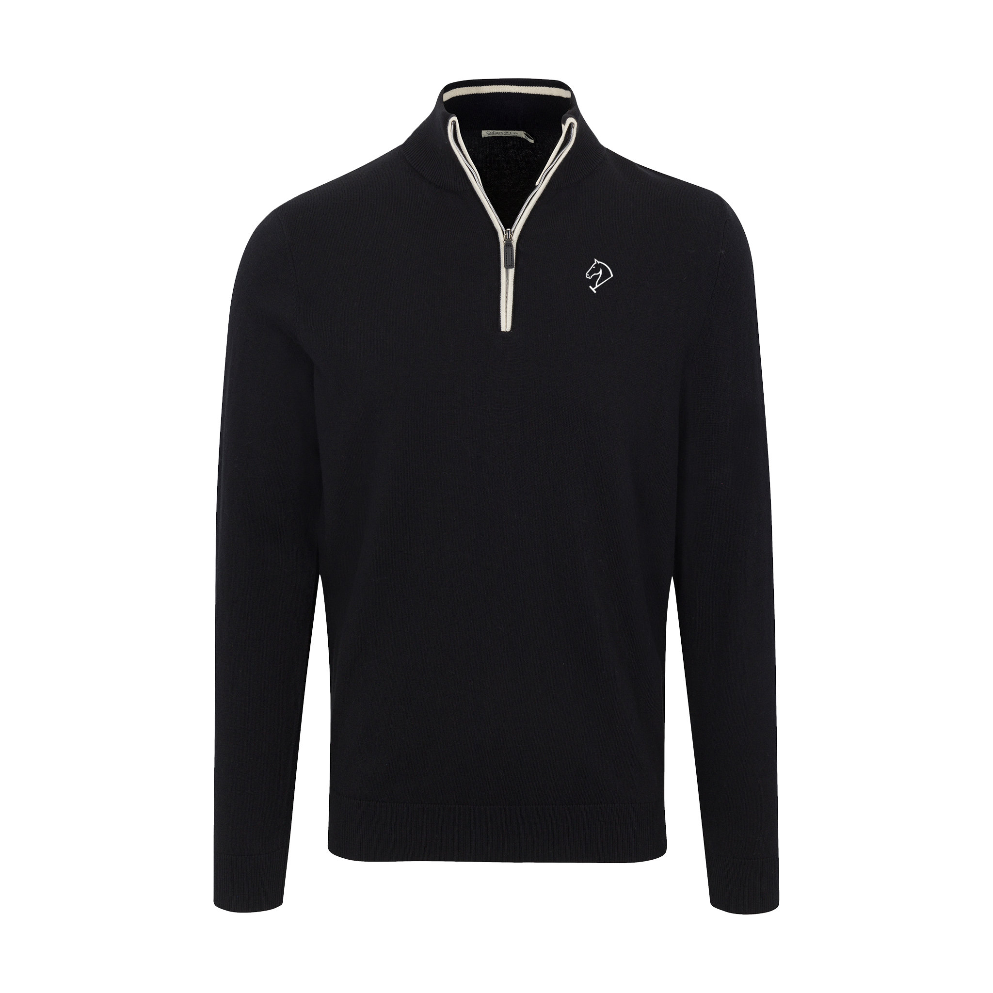 Greenwich Sound Polo Black with White Trim Luxury Touch Cotton and Cashmere Quarter Zip Sweater