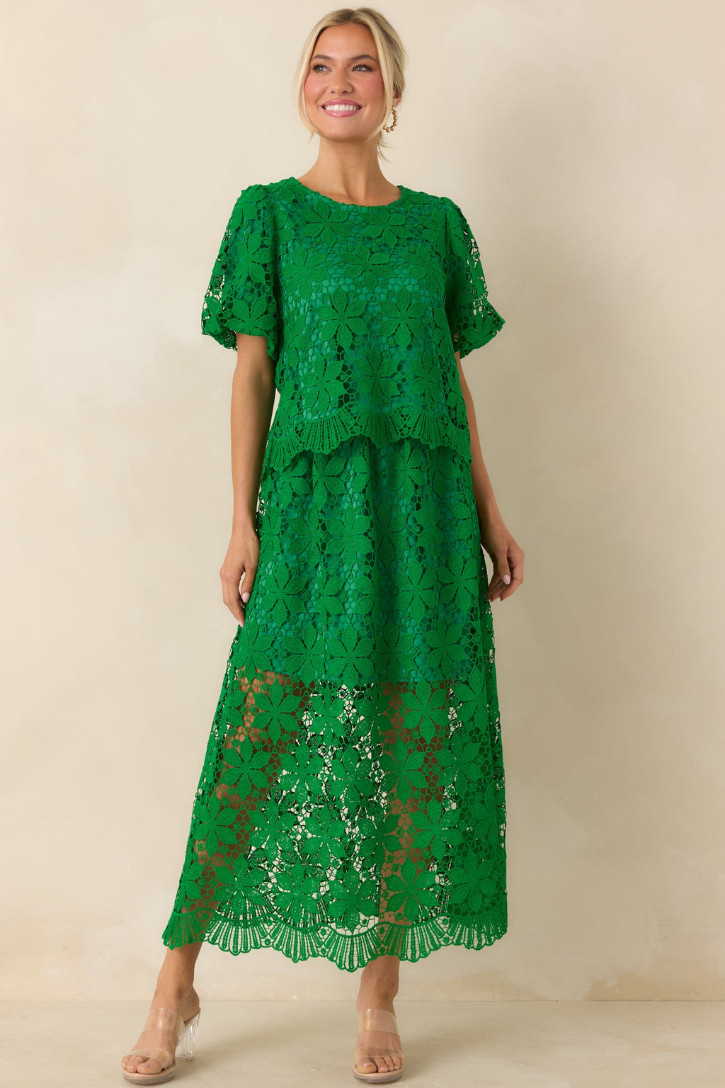 All the Attention Green Floral Lace Short Sleeve Top