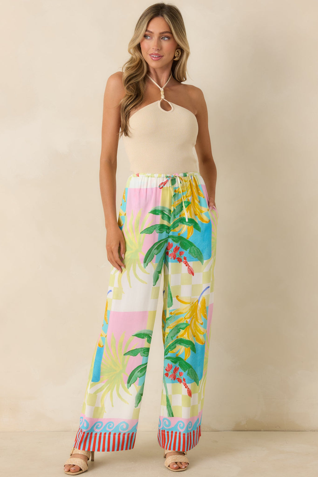 MINKPINK Palmira Multi Vacation Palms Print Drawstring Pants
