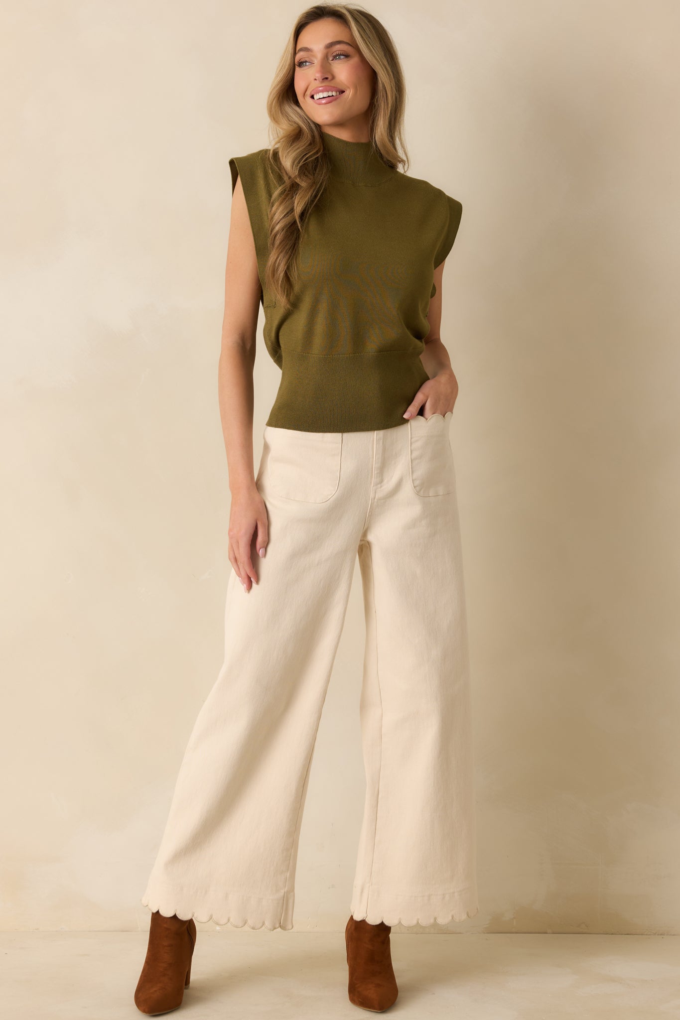 Meant to Be Seen Olive Green Cap Sleeve Mock Neck Top