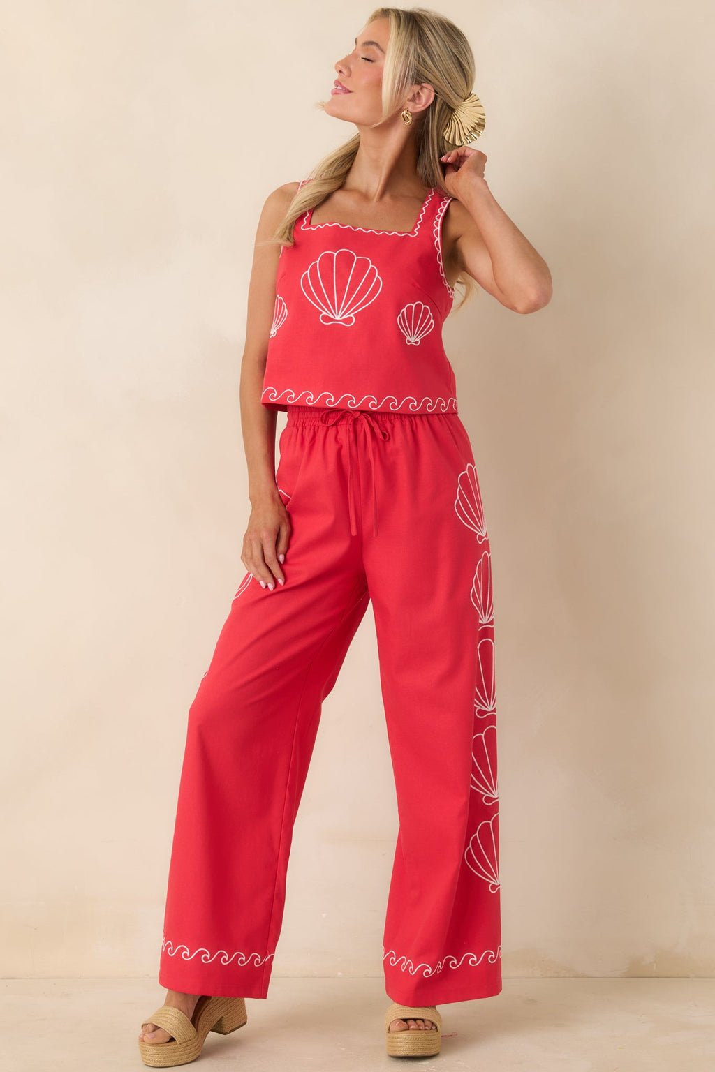 Sea You Soon Red Cotton Blend Shell Embroidered Wide Leg Pants